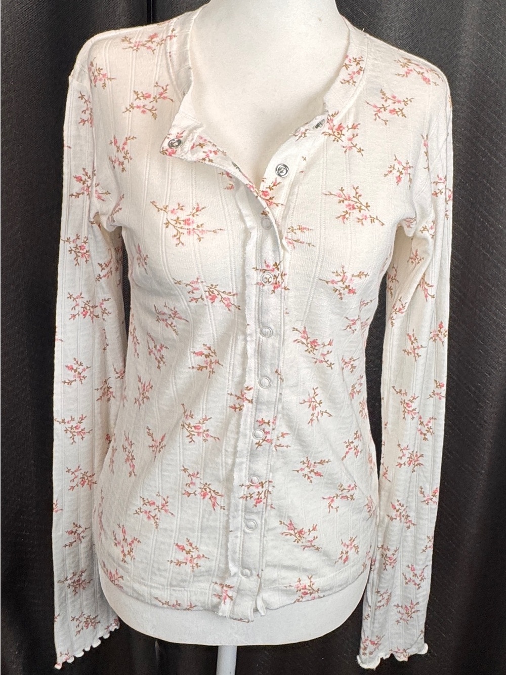 aerie Cream Long-Sleeve Button-Down Top with Pink Floral Print